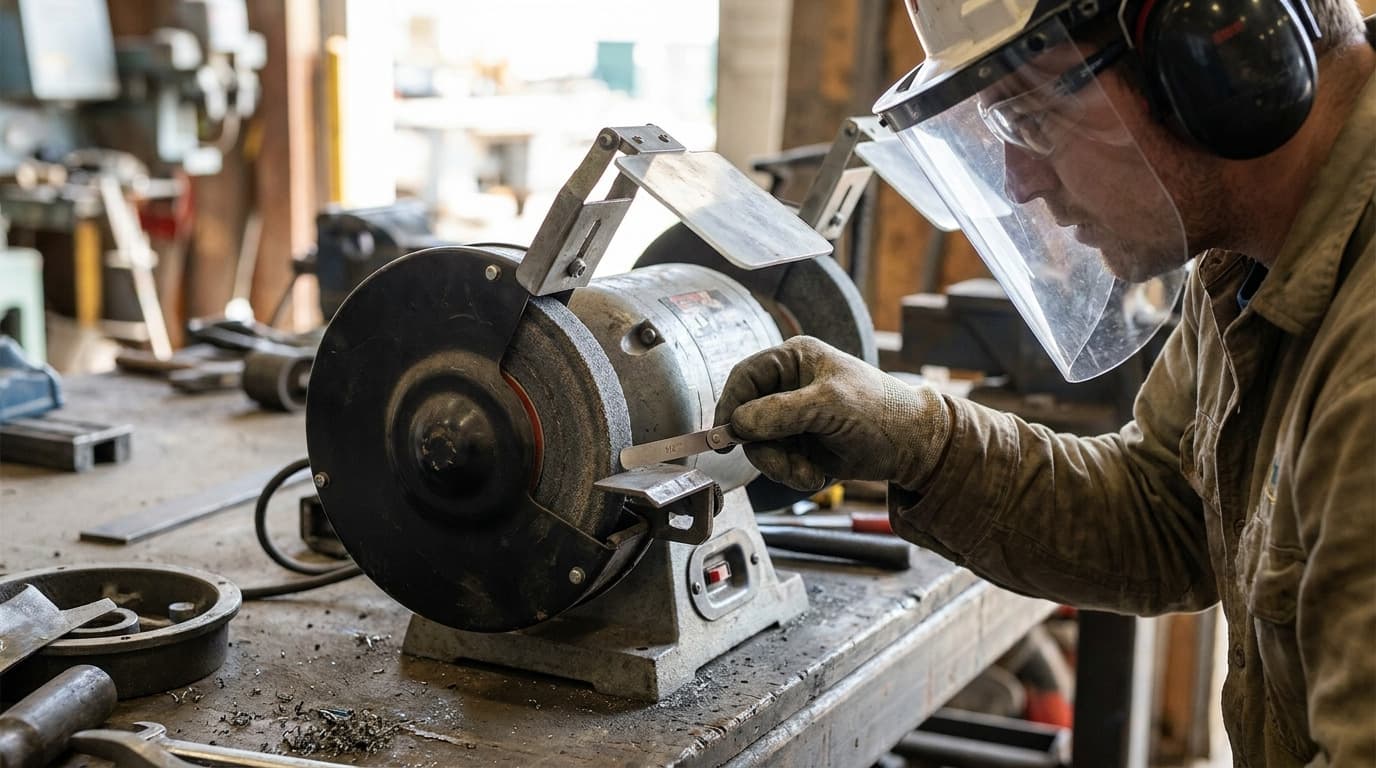Man in hard hat, face shield, ear muffs and gloves uses a bench grinder to sharpen a metal tool in a workshop.