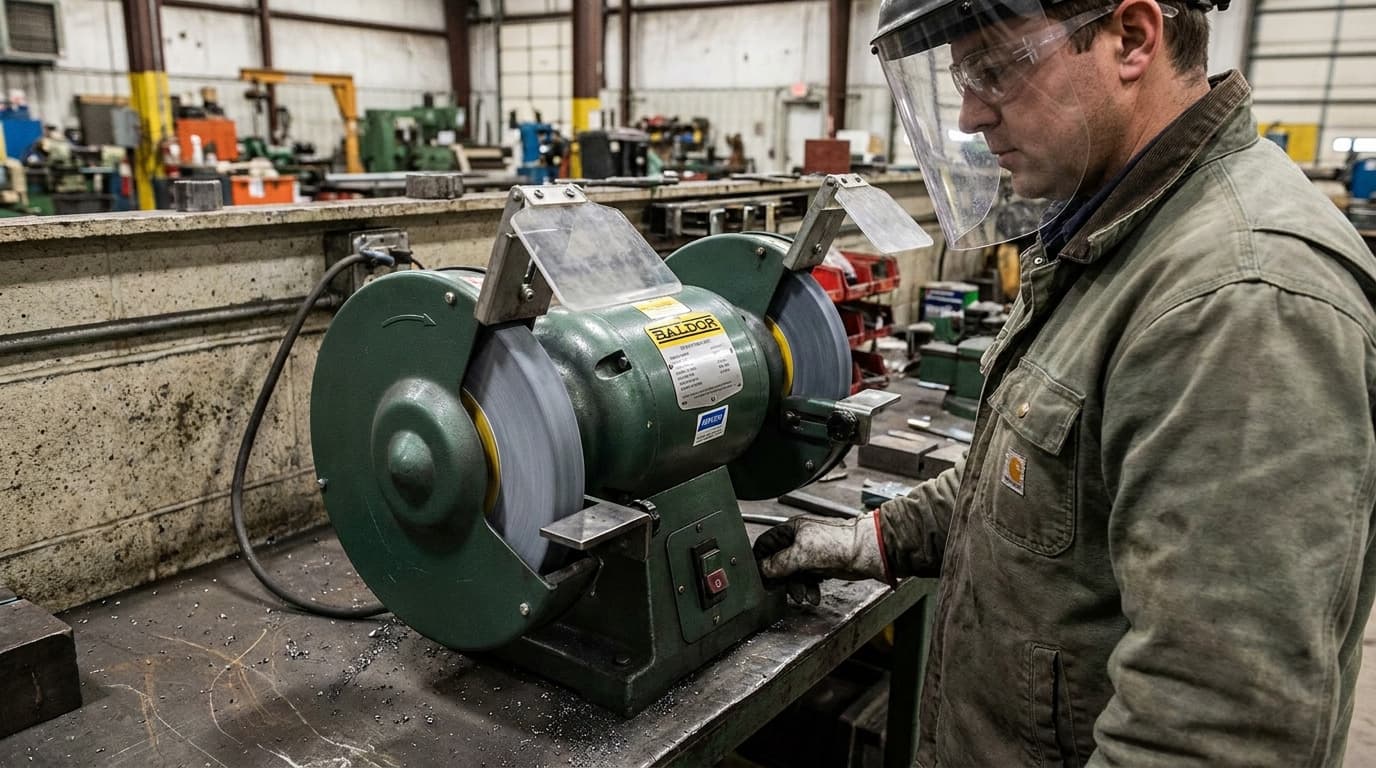 Worker wearing face shield, safety glasses and gloves stands beside a green double-wheeled bench grinder in an industrial shop.