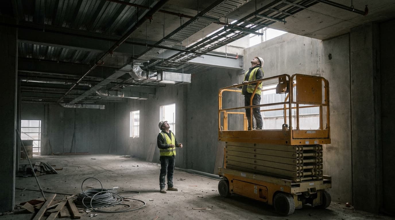 Um trabalhador está em pé sobre uma plataforma tesoura elevada em ambiente interno, observando dutos e bandejas de cabos no teto, enquanto outro trabalhador acompanha do piso de concreto.