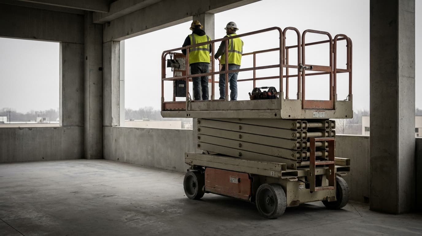 Dois trabalhadores com colete de alta visibilidade amarelo e capacete estão em pé sobre uma plataforma tesoura elevada dentro de uma estrutura de concreto inacabada.