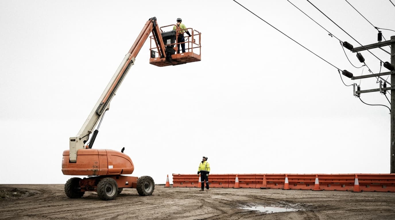 Un trabajador en la canasta de una plataforma de brazo elevada cerca de líneas eléctricas aéreas, mientras otro observa junto a barreras de tránsito anaranjadas en un terreno de tierra.