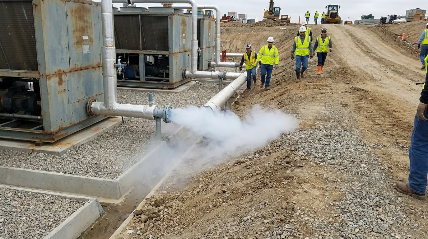 White vapor releases from a pipe outlet near industrial chiller units as workers in hard hats and safety vests walk along a gravel construction road.