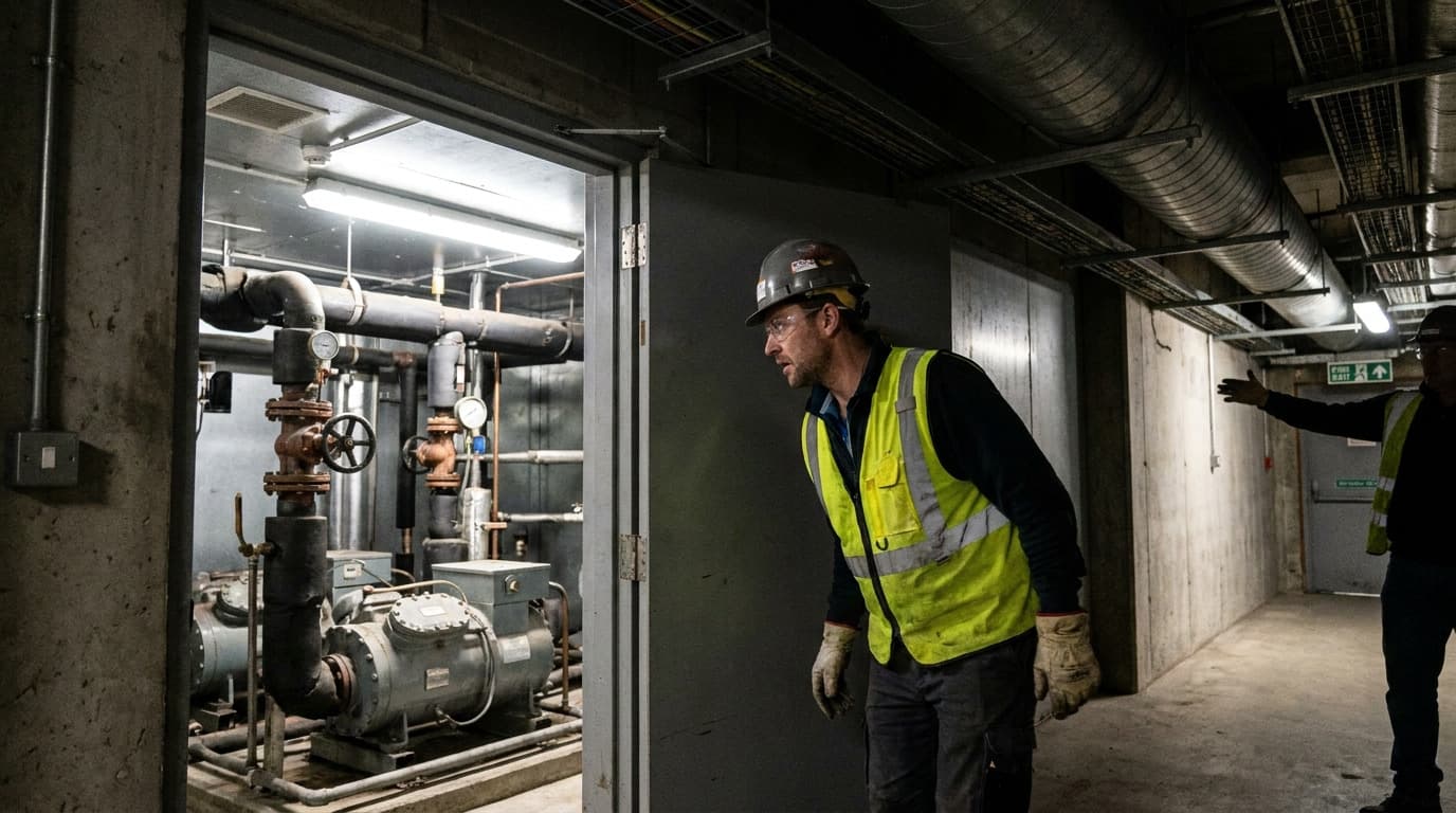 Worker in hard hat and safety vest looks into a mechanical room with pipes, gauges, and compressors, another worker gestures behind him in hallway.