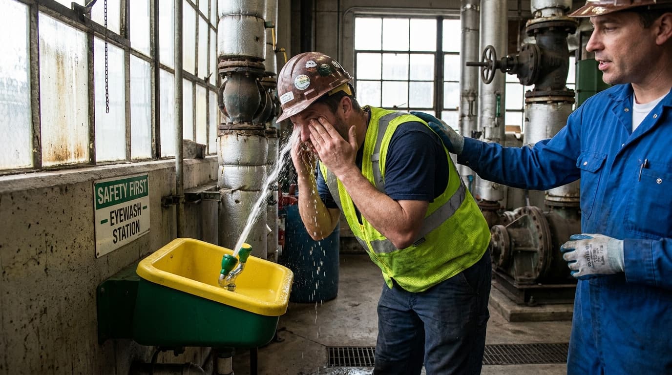 Man in hard hat rinses his eyes at a yellow eyewash station under a Safety First sign while another worker in coveralls assists him.