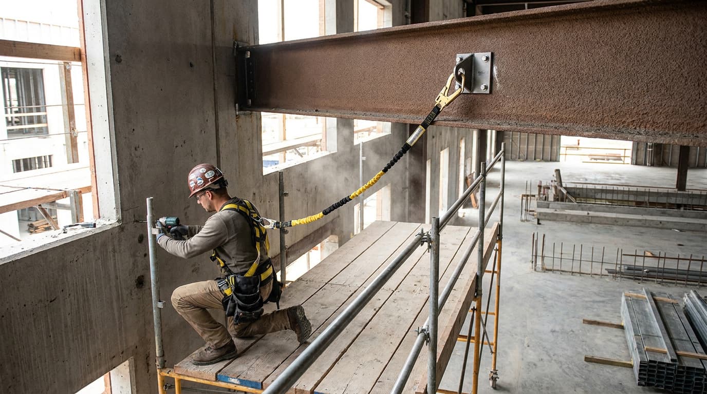 Worker in hard hat kneels on scaffold plank using a drill, wearing a harness with yellow lanyard clipped to an anchor on an overhead steel beam.