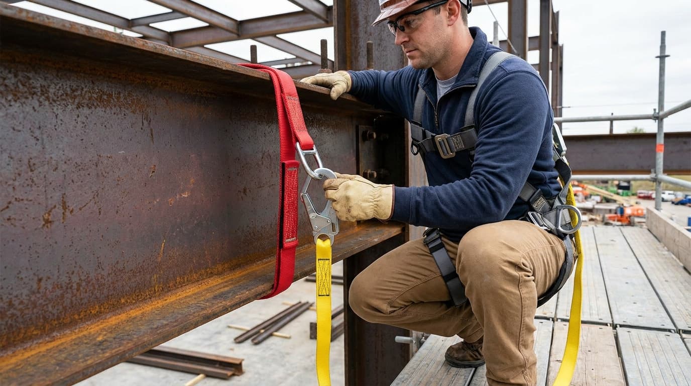 Worker in hard hat and safety glasses kneels on decking, attaching a red sling with carabiner to a rusted steel beam, wearing a harness with yellow lanyard.