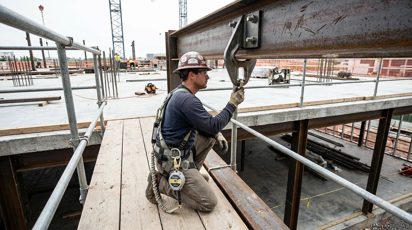 Worker in hard hat kneels on wood planking, connecting a harness lanyard to a hook mounted on a steel beam above a concrete floor construction site.