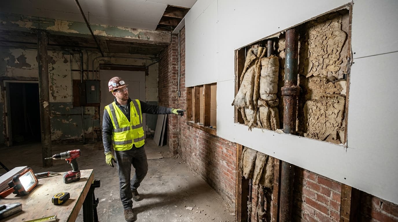 Worker in hard hat and safety vest points at an opened wall cavity exposing insulation-wrapped pipes, near a workbench with tools in a gutted building.