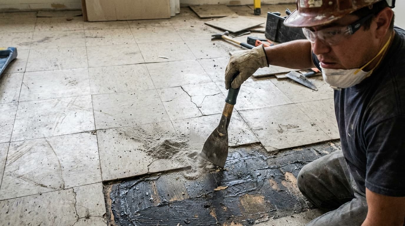Kneeling worker in hard hat, goggles, and dust mask scrapes old flooring adhesive from a subfloor using a hand scraper, tile debris scattered around.