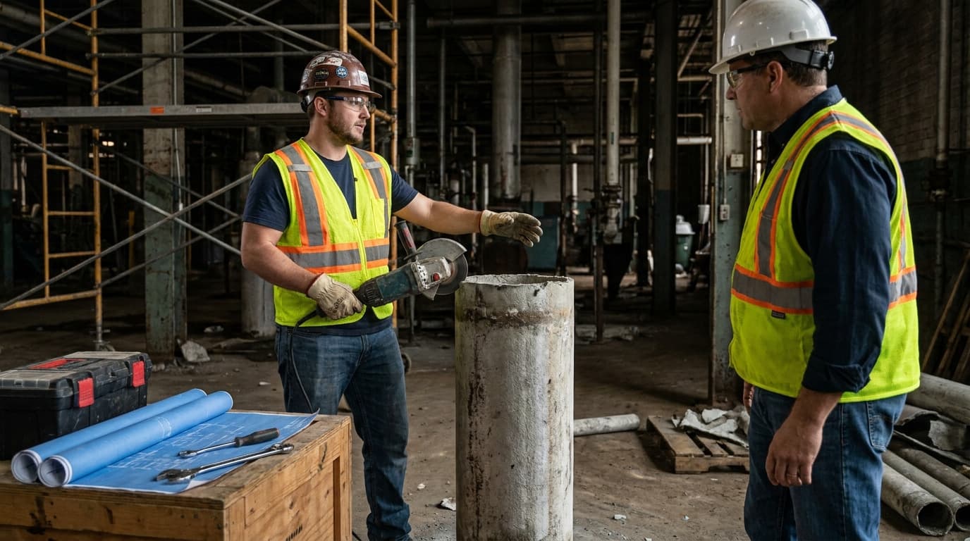 Two workers in hard hats and safety vests examine a cut concrete or pipe column, one holding an angle grinder, in an industrial building interior.