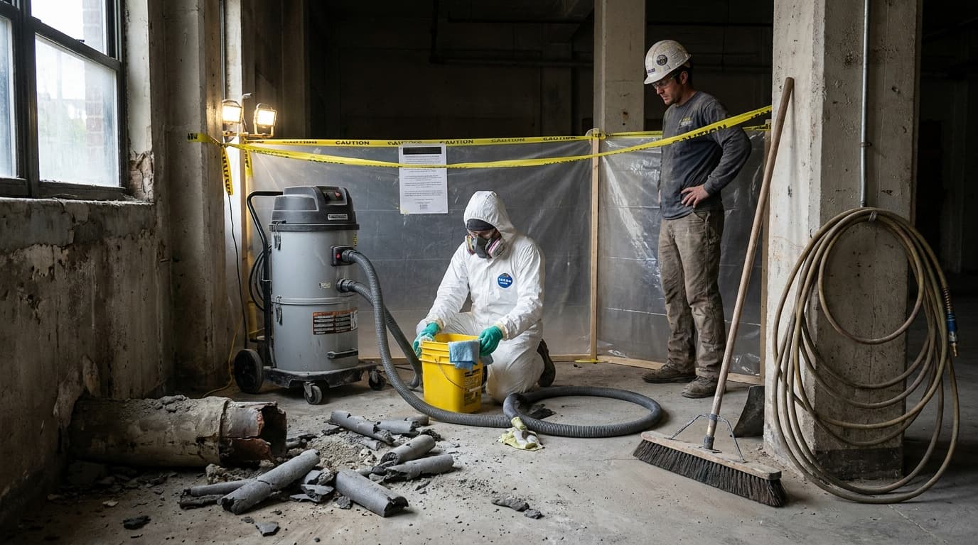Worker in full protective coverall and respirator kneels using a vacuum hose near a bucket, another worker in hard hat watches behind caution tape.