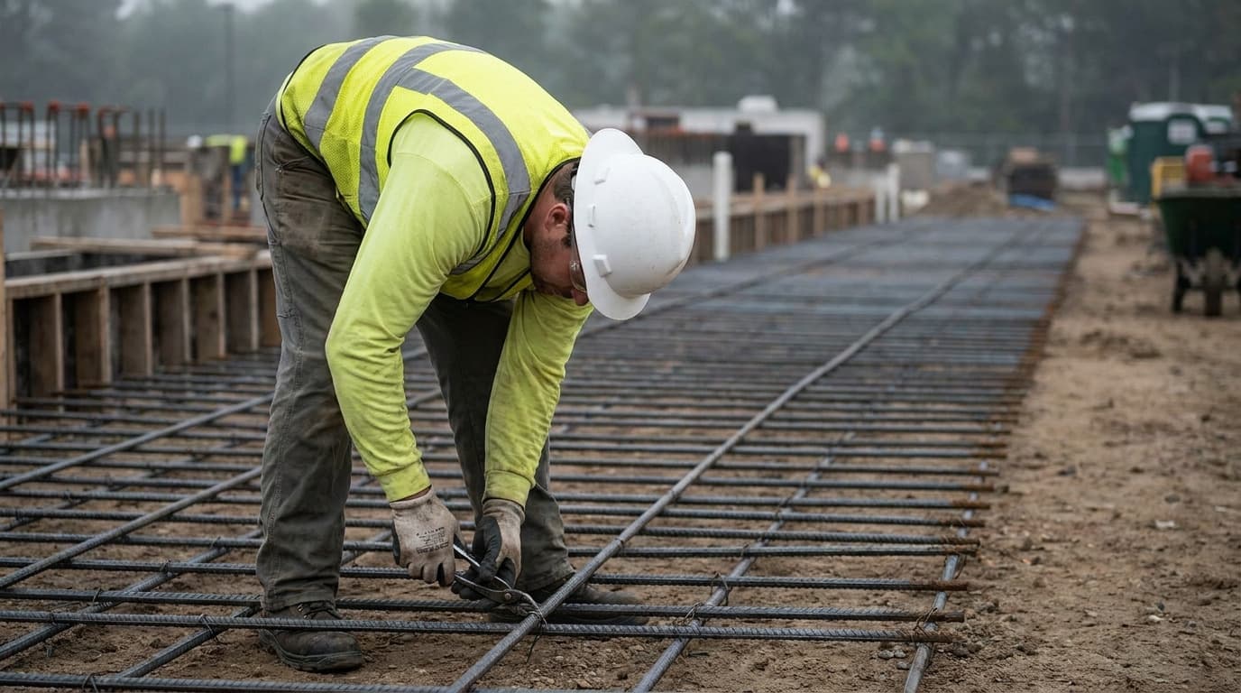 Worker in yellow high-visibility jacket and white hard hat bends over, tying rebar grid with pliers at a construction site.