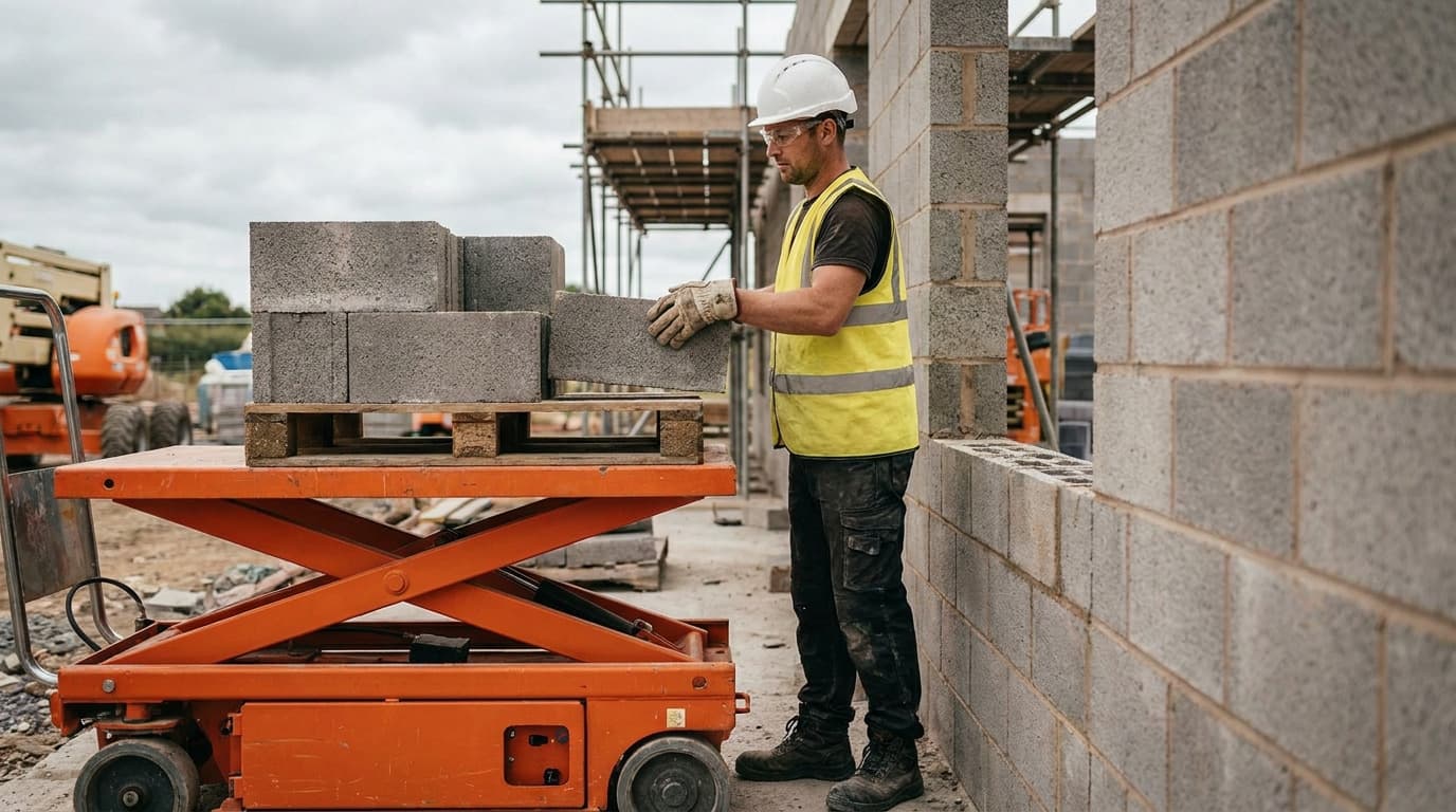 Worker in hi-vis vest, hard hat and safety glasses lifts a concrete block from a pallet on an orange scissor lift table beside a block wall.