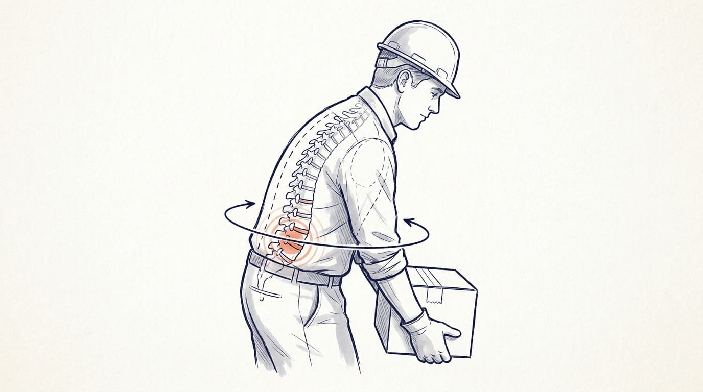 Line drawing of a hard-hatted worker bending forward carrying a box, with highlighted spine and arrows showing twisting motion of the lower back.