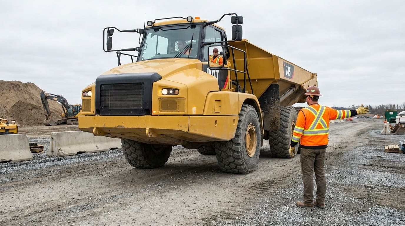 Worker in orange safety vest and hard hat signals with raised arm in front of a large yellow articulated dump truck on a gravel site.