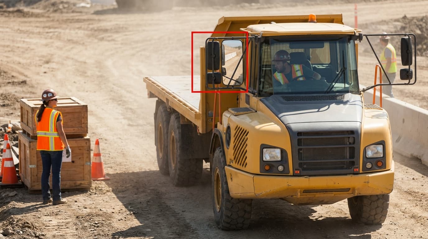 Yellow flatbed truck driving on dirt road, red box highlights side mirror, worker in vest stands near crates and traffic cones nearby.