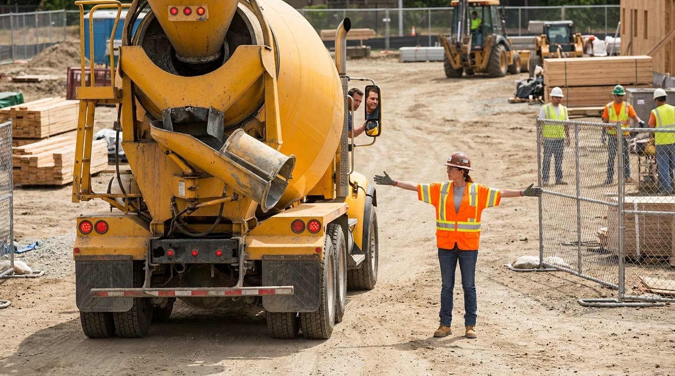 Woman in orange safety vest and hard hat extends both arms while guiding a concrete mixer truck backward at a fenced construction site.