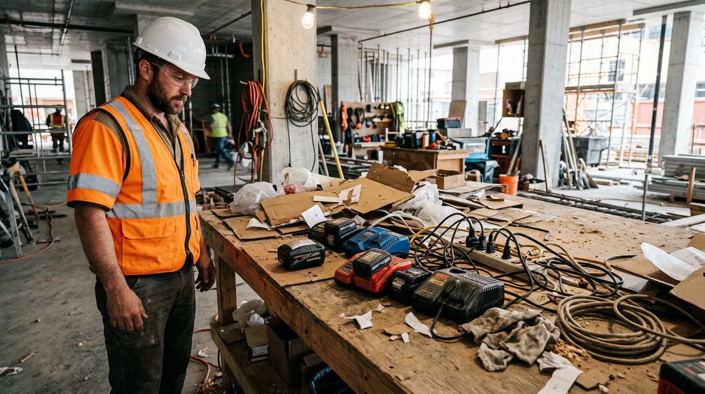 Worker in orange vest and hard hat stands beside a wooden workbench cluttered with cardboard, batteries, chargers, tangled cords, and rags on a construction floor.