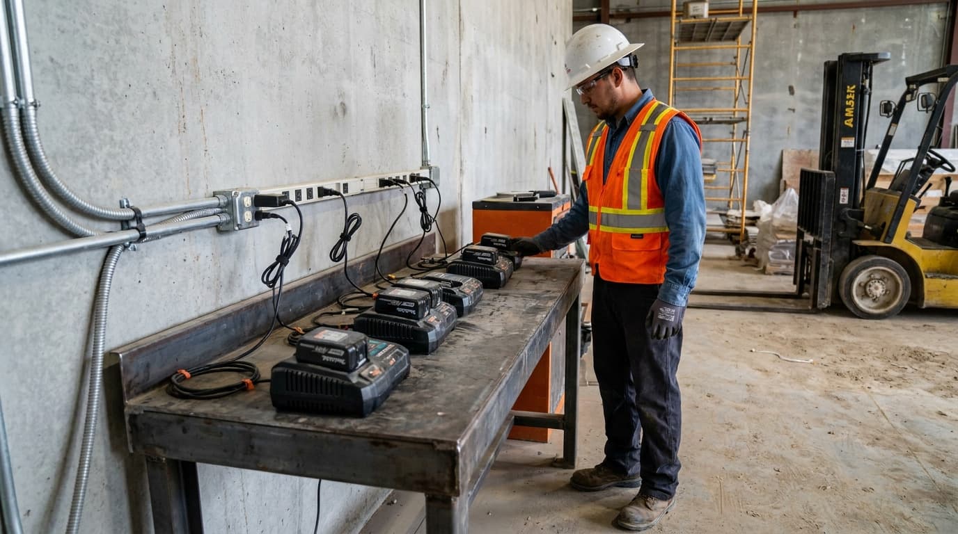 Worker in orange vest at a metal table with multiple battery chargers plugged into a wall power strip, forklift and scaffolding visible behind him.