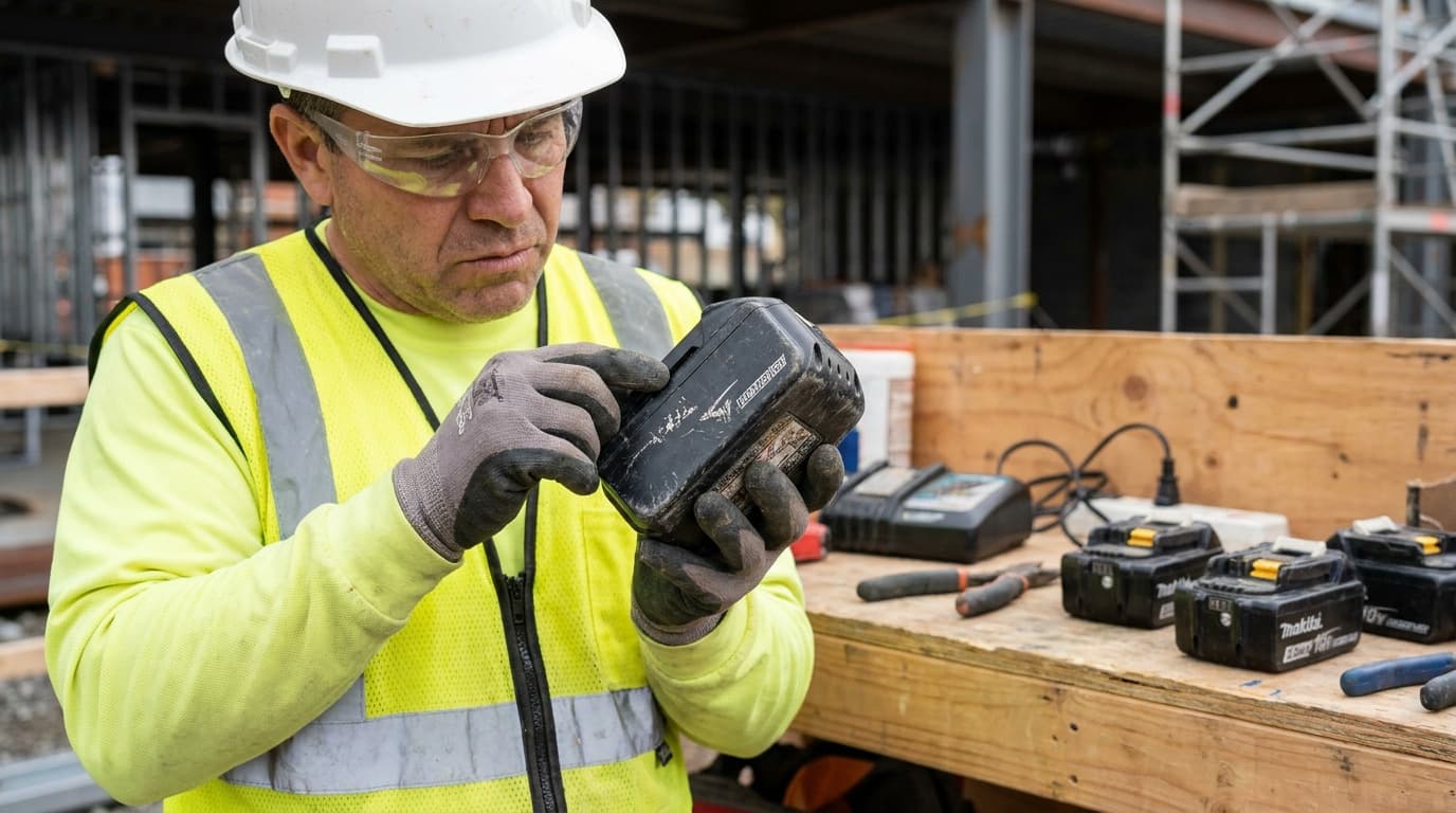 Worker in yellow vest, hard hat, and gloves inspects a battery pack closely, with additional batteries and a charger on a wooden bench beside him.