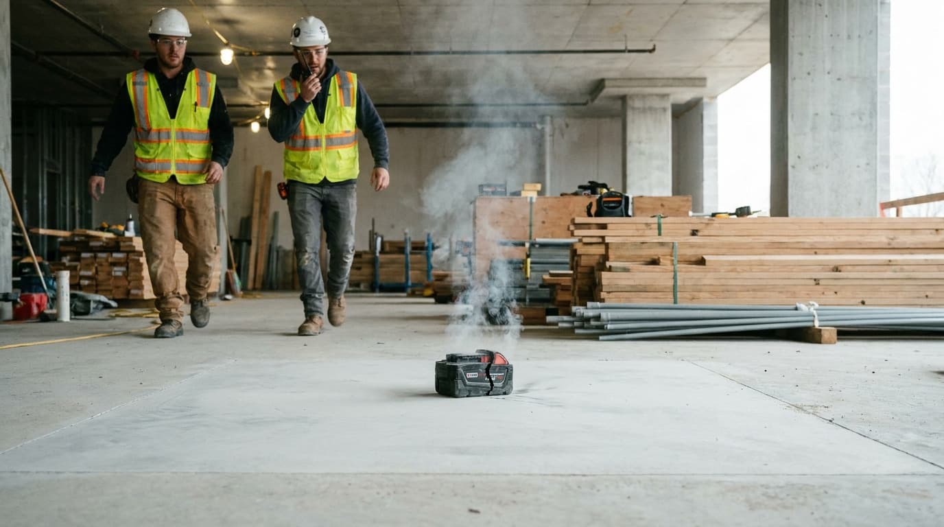 Two workers in yellow vests and hard hats approach a smoking battery pack on a concrete floor, one speaking into a radio, near stacked lumber and pipes.
