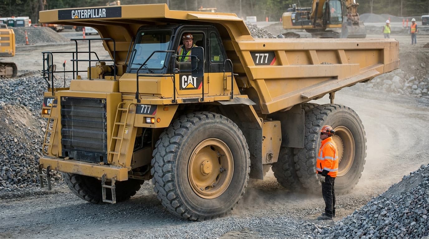 Large yellow Caterpillar 777 dump truck on a gravel site, driver visible in cab, worker in orange vest standing near the front tire.