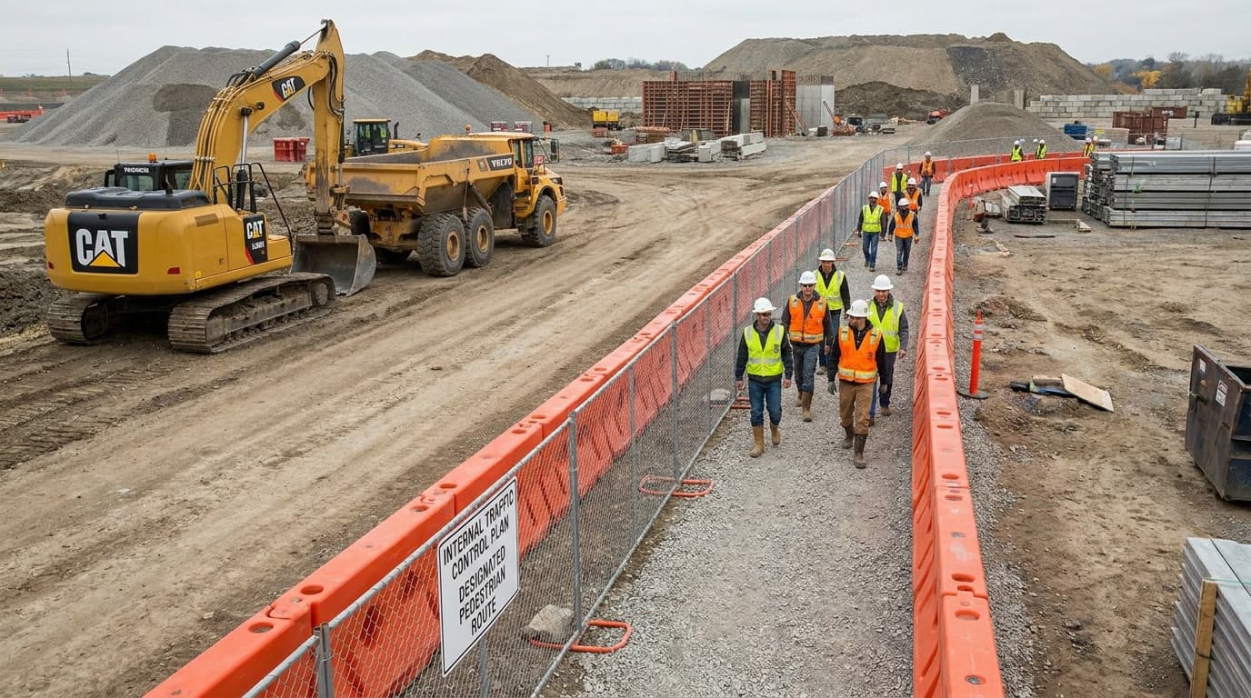 Group of workers in hard hats and vests walk along a fenced pedestrian route past an excavator and dump truck on a dirt construction site.