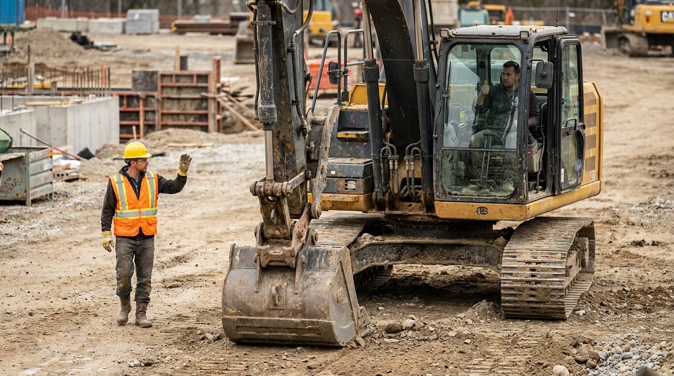 Worker in orange vest and yellow hard hat gestures with raised hand toward an excavator operator seated in the cab on a dirt site.