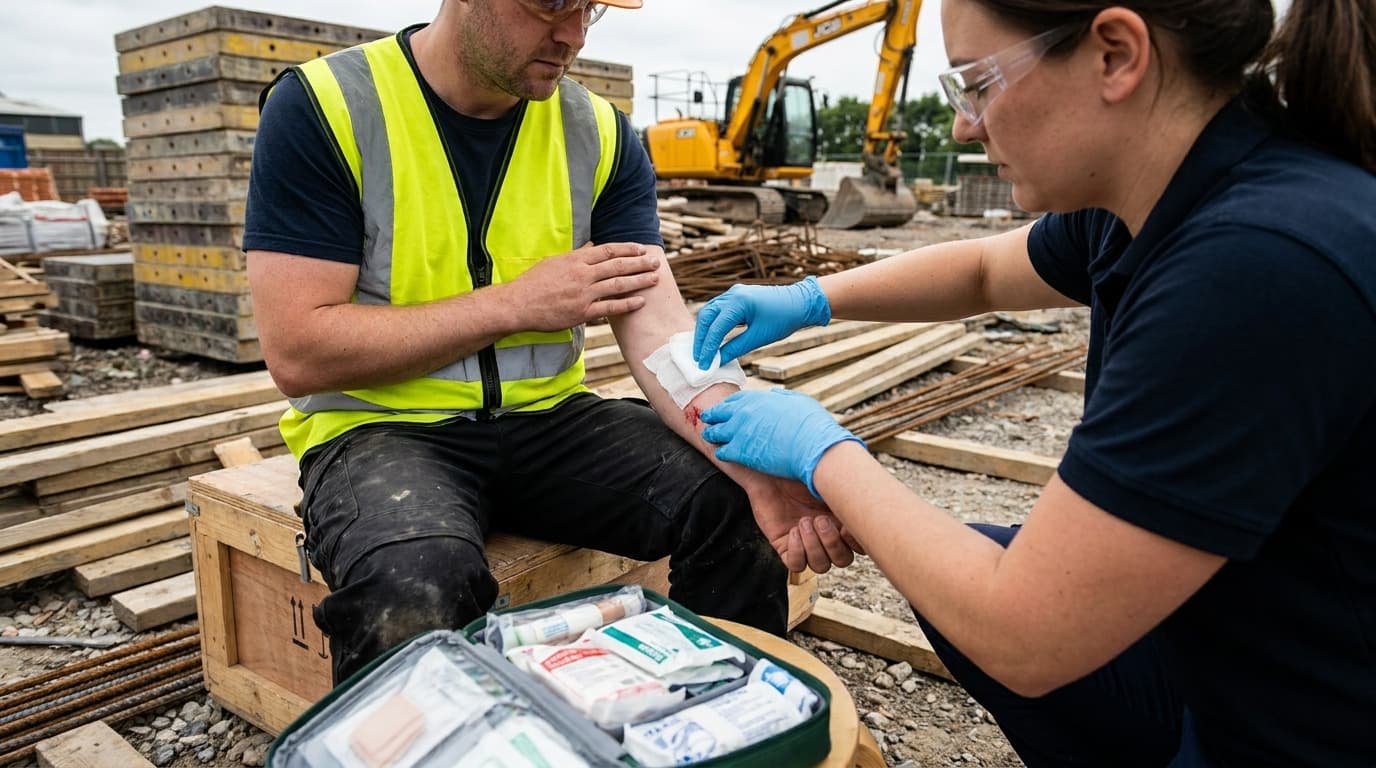 A woman in gloves applies a bandage to a seated construction worker's forearm using an open first aid kit, with an excavator and materials in the background.