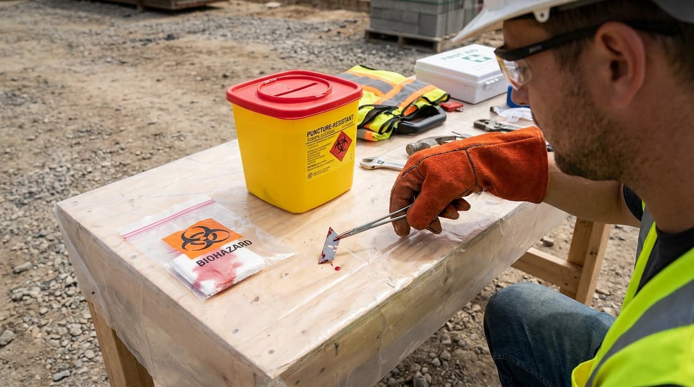 A gloved worker uses tweezers to place a bloody metal shard into a biohazard bag beside a yellow puncture-resistant sharps container on a plywood table.