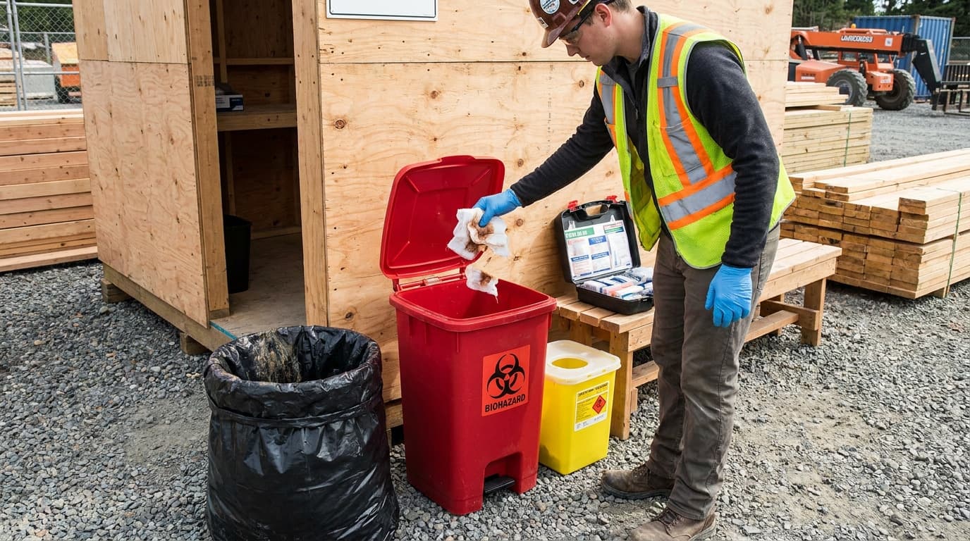 A worker in a vest and blue gloves drops a soiled cloth into a red biohazard bin next to a yellow sharps container and a first aid kit outdoors.