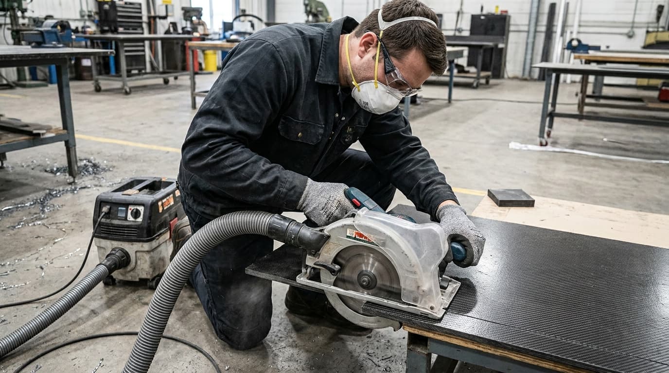 Un hombre arrodillado en el piso del taller corta un panel de fibra de carbono con una sierra circular conectada a una manguera de extracción de polvo, usando gafas de protección, respirador de media cara y guantes.