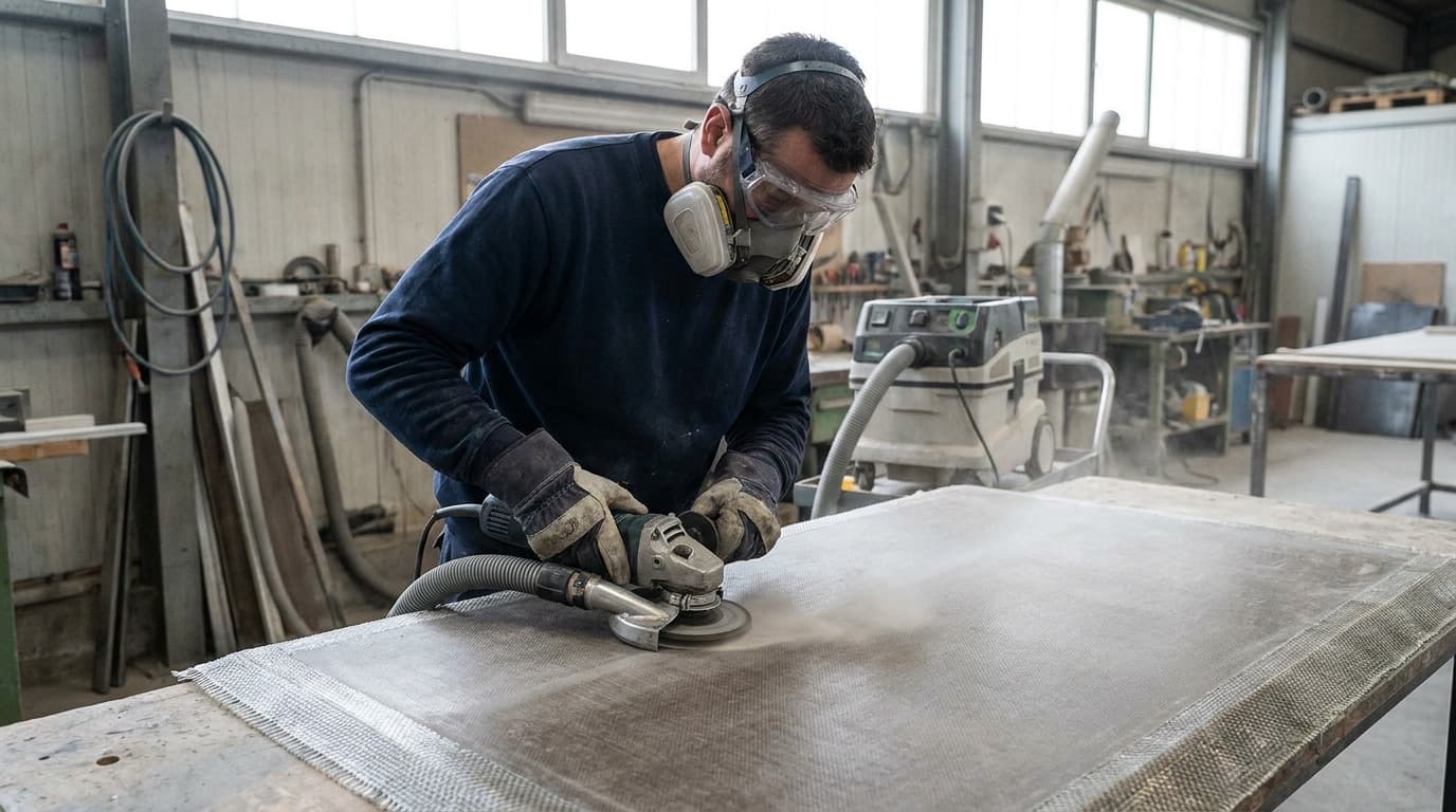 Un trabajador en un taller usa una amoladora angular conectada a una manguera de vacío para lijar una lámina de fibra de vidrio, usando lentes de seguridad, respirador de media cara y guantes.