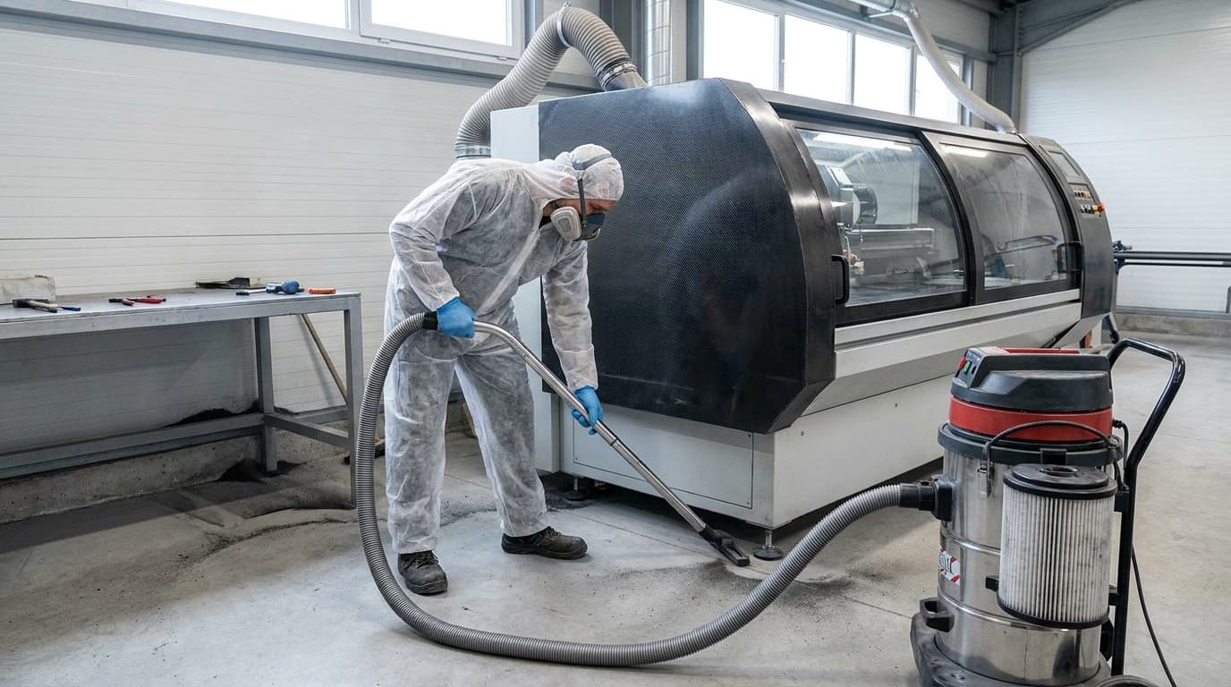 Una persona con overol blanco, capucha, respirador y guantes aspira el polvo de una gran máquina CNC usando una aspiradora industrial.