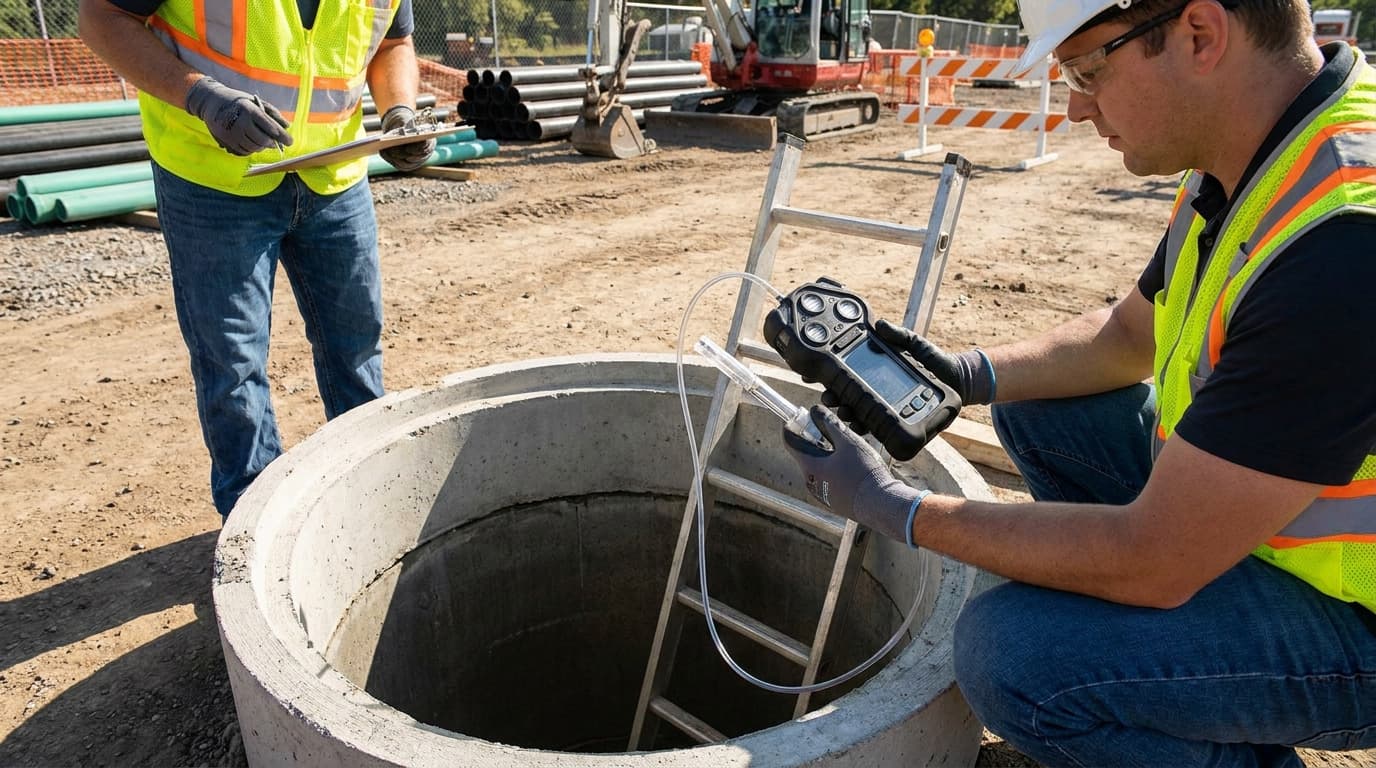 Worker in hard hat holds a gas detector with sensor hose lowered into a concrete manhole with a ladder, another worker with clipboard nearby, excavator behind.