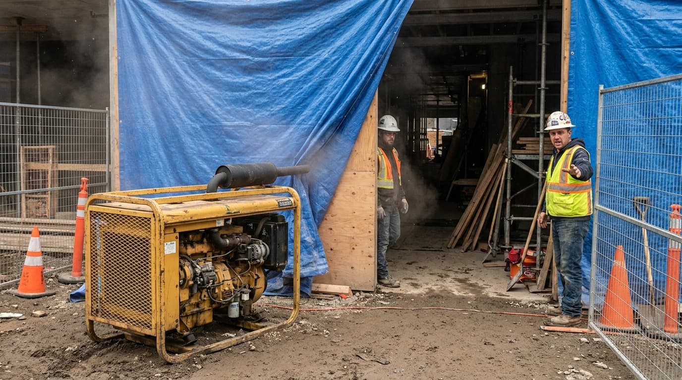 Yellow diesel generator emitting exhaust smoke sits near a tarp-covered doorway, two workers in helmets and vests stand by the entrance amid scaffolding.