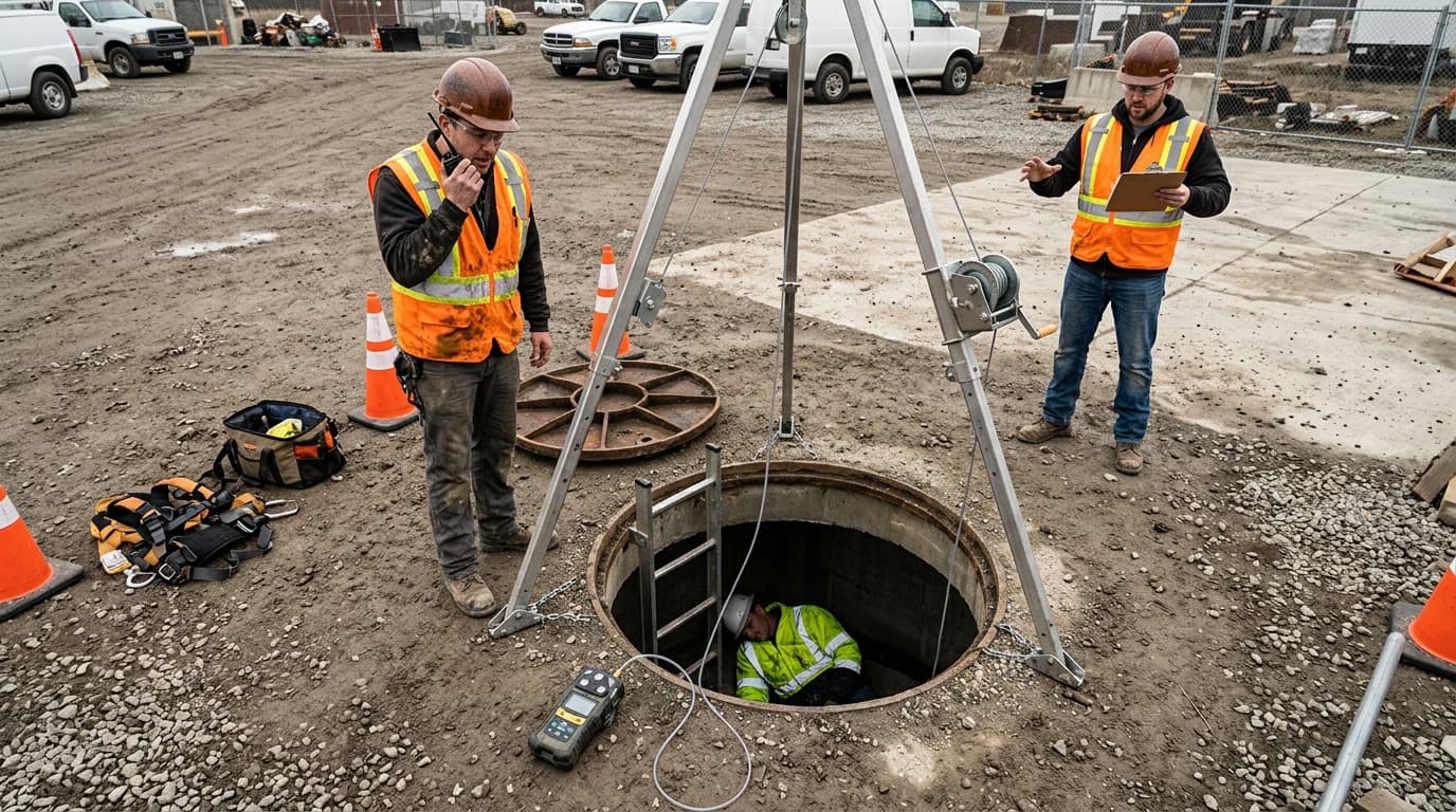 Worker inside a manhole beneath a tripod hoist system, two workers above wearing orange vests, one on radio, one holding clipboard, gas monitor cable running down.