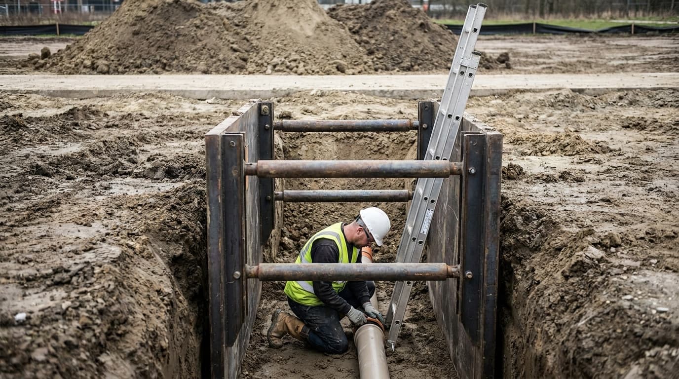 Worker in helmet and yellow vest kneels inside a metal trench box connecting a pipe, ladder leaning against the shoring, soil piles surrounding the excavation.
