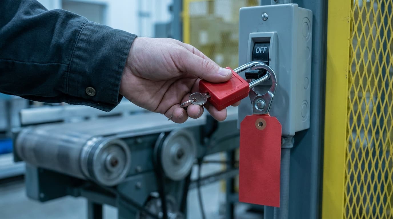 Close-up of a hand attaching a red padlock and tag to an electrical switch marked OFF, near a yellow mesh guard and conveyor rollers.