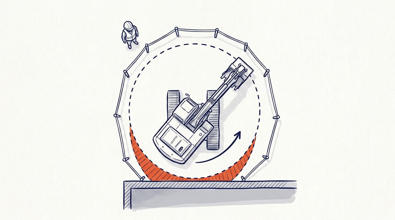 Illustration of an excavator rotating within a fenced circular work zone, dashed arrow and orange shading showing swing radius, a worker standing outside the barrier.