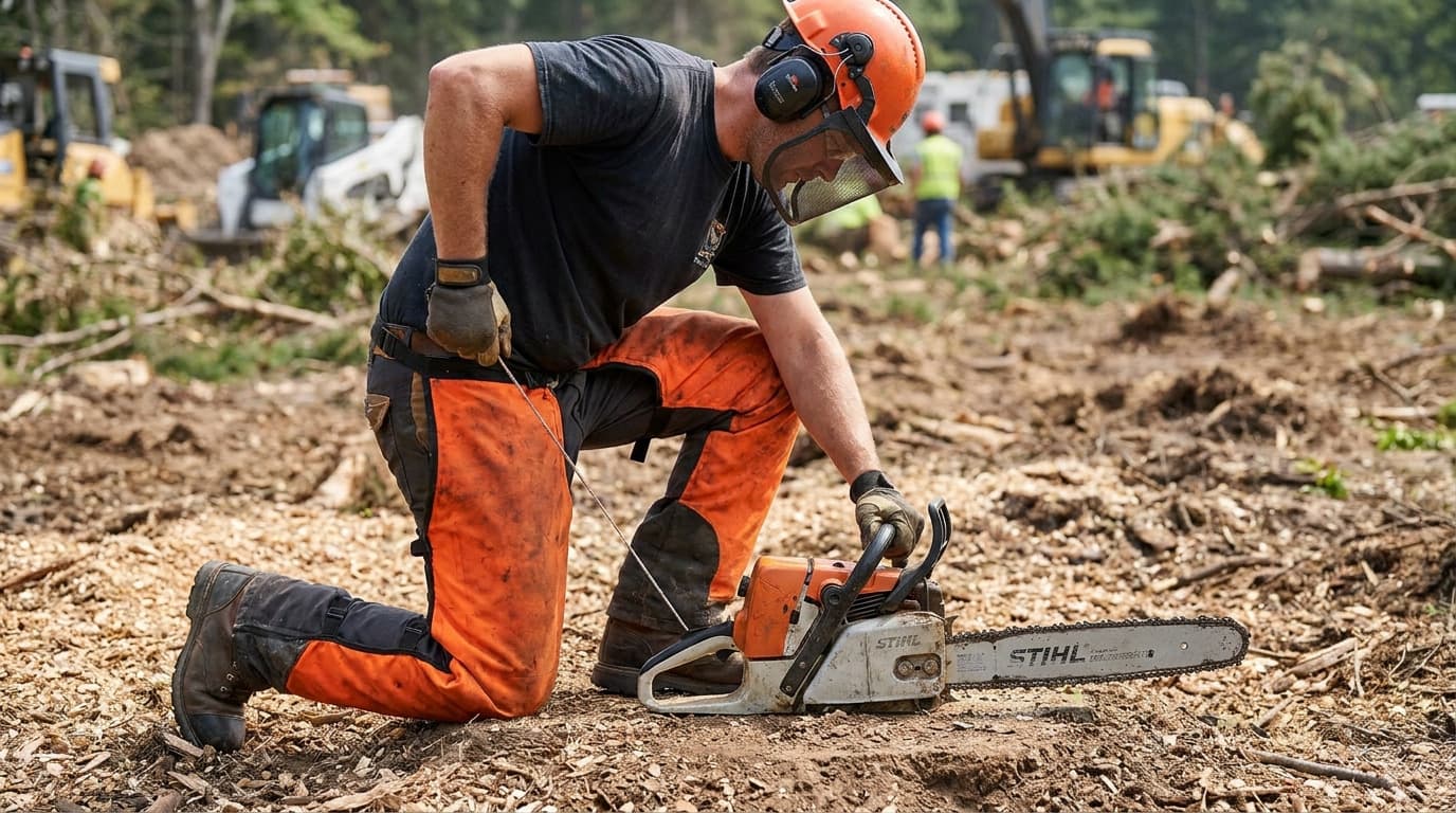 Kneeling worker in helmet, ear muffs, visor, and orange chainsaw chaps adjusts a Stihl chainsaw on cleared forest ground with excavators and a worker in background.
