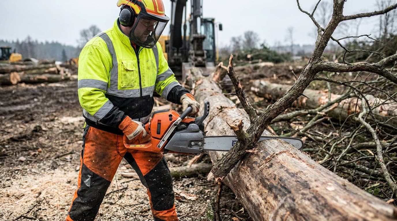 Man in high-visibility jacket, helmet with visor, and chainsaw chaps cuts branches off a felled log using an orange chainsaw near an excavator.
