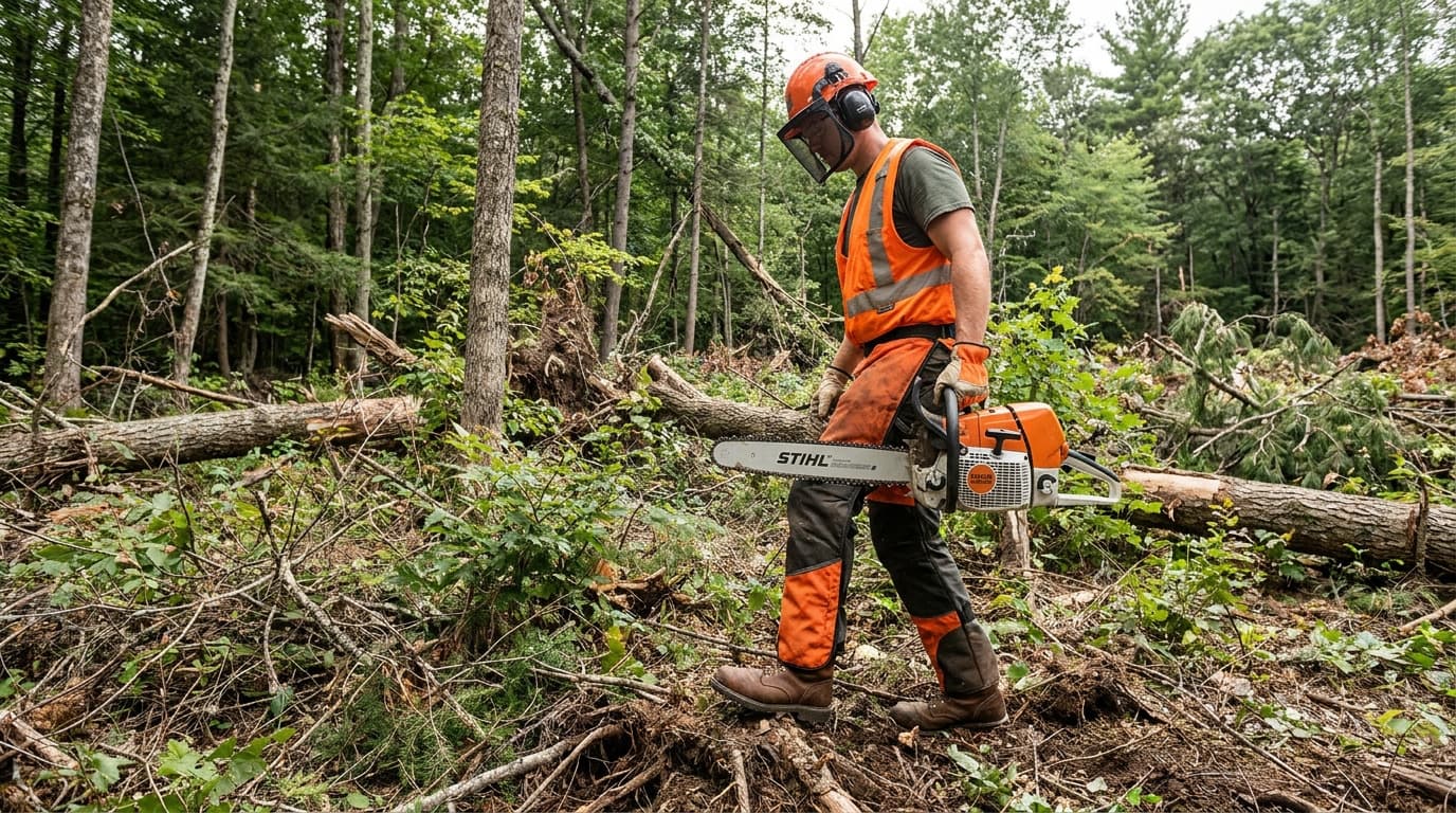 Worker wearing helmet, ear protection, visor, and orange chaps carries a Stihl chainsaw while walking through a wooded area with fallen logs and branches.