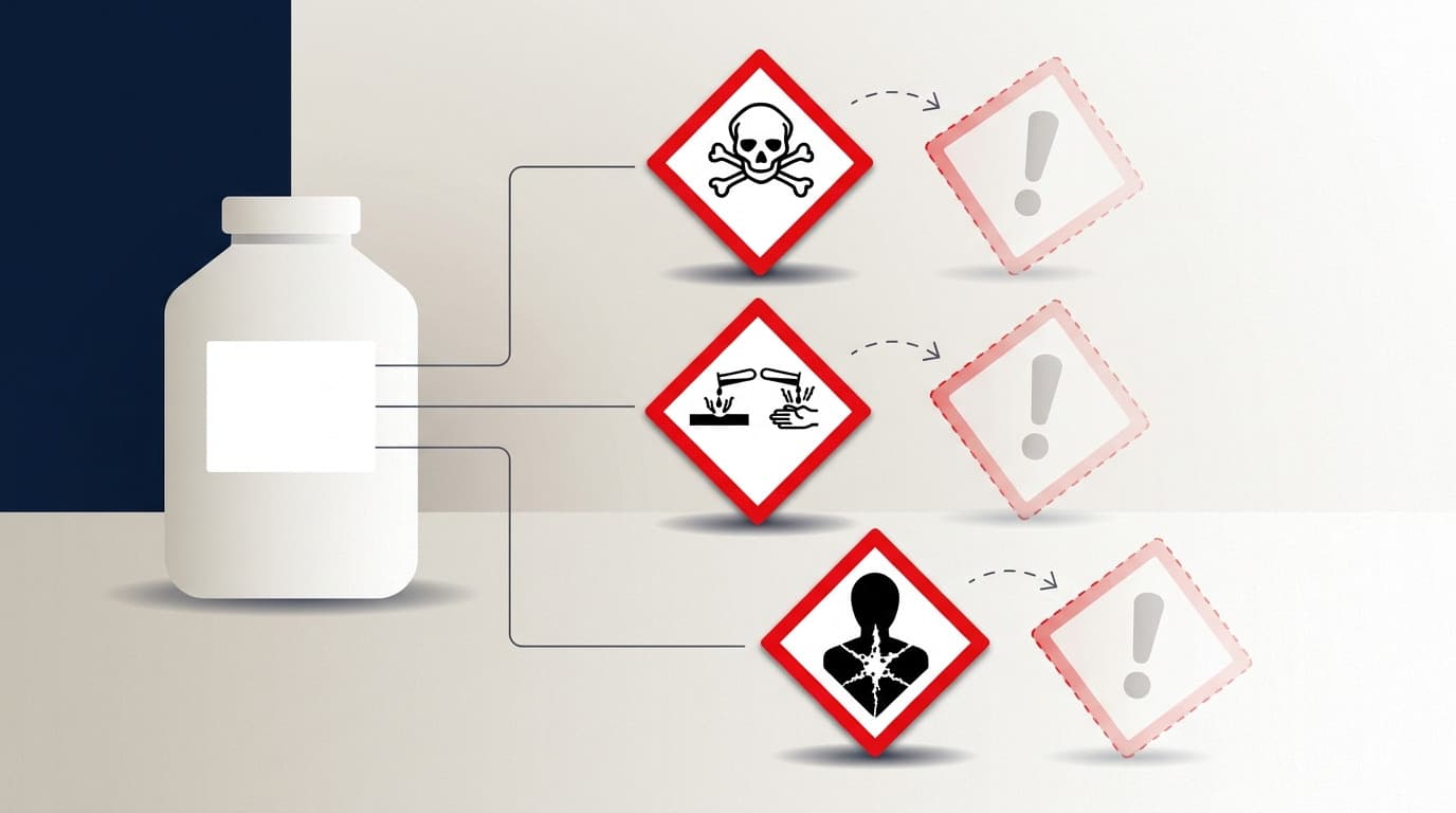 Ilustración de una botella blanca con etiqueta en blanco, conectada mediante líneas a tres símbolos rojos en forma de rombo de peligro: calavera y tibias cruzadas, corrosión y peligro para la salud, cada uno señalando un triángulo de advertencia desvaído.