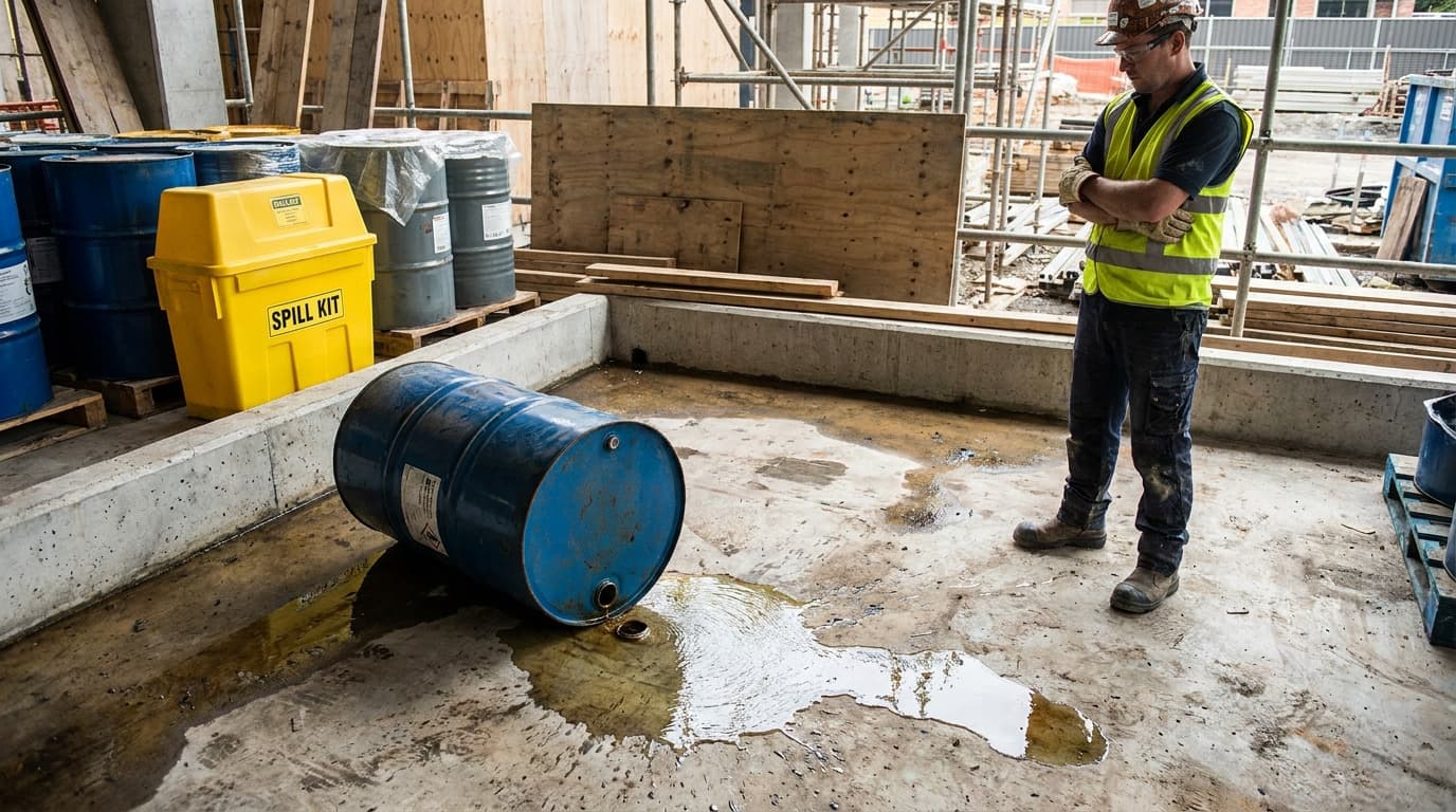 Trabajador con chaleco de alta visibilidad y casco observa un tambor azul volcado que derrama líquido sobre el concreto, cerca de un contenedor amarillo de kit de derrames.