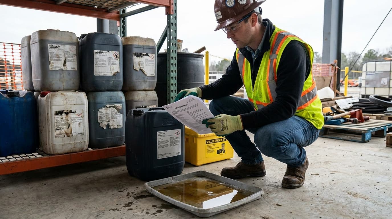 Trabajador arrodillado con casco y guantes revisa una hoja de datos de seguridad junto a envases químicos y una caja amarilla de kit de derrames, con una bandeja poco profunda recogiendo líquido.