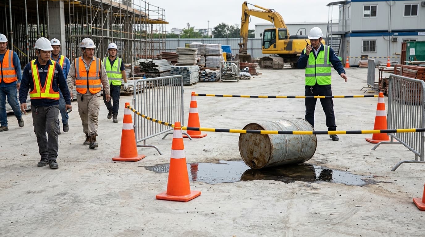 Grupo de trabajadores con casco pasa junto a un área acordonada con conos y cinta que rodea un tambor metálico que derrama líquido sobre el pavimento en una obra de construcción.