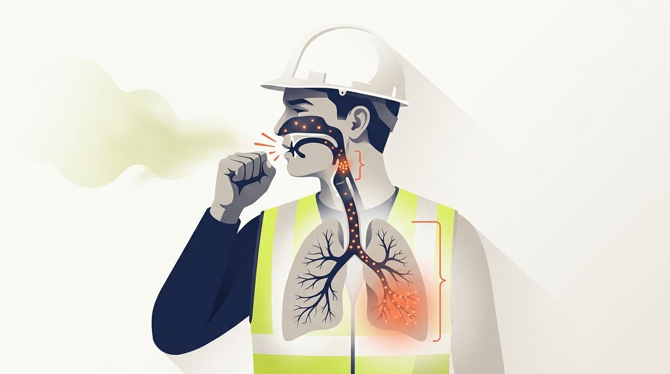 Ilustración de un trabajador con casco y chaleco de alta visibilidad tosiendo, con un diagrama superpuesto que muestra partículas brillantes viajando por las vías respiratorias hacia los pulmones.