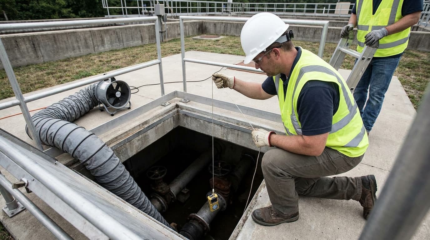 Trabajador con casco y chaleco de alta visibilidad arrodillado en una cámara subterránea abierta, bajando un detector de gas con un cordón cerca de tuberías y válvulas, con un ventilador de extracción cerca.