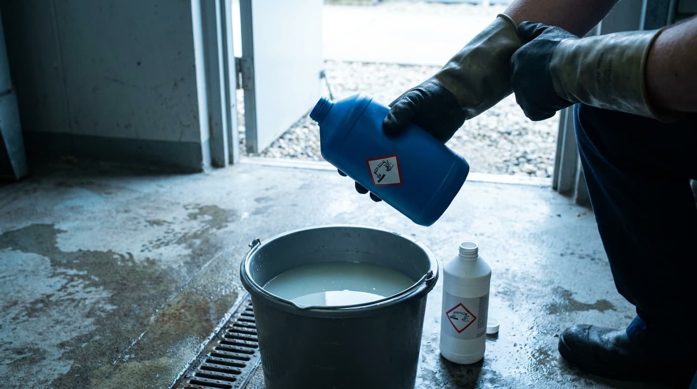 Manos con guantes vierten un líquido químico azul desde una botella con etiqueta de peligro hacia un cubo gris, con una segunda botella etiquetada sobre un piso de concreto mojado.
